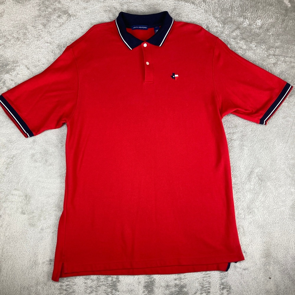 John Ashford Mens Polo Shirt XL Red Texas Logo 100% Cotton Short Sleeve Casual